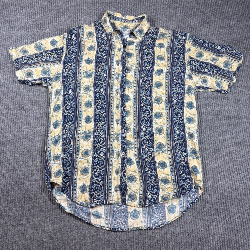 Solutions Original‎ Shirt Mens S Short Sleeve Button Up Blue Yellow Rayon